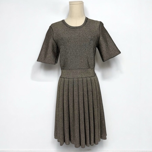A.L.C. ALC Designer Susanna Gold Metallic Fit and Flare Pleated Skirt Dress Sz L - Picture 1 of 8
